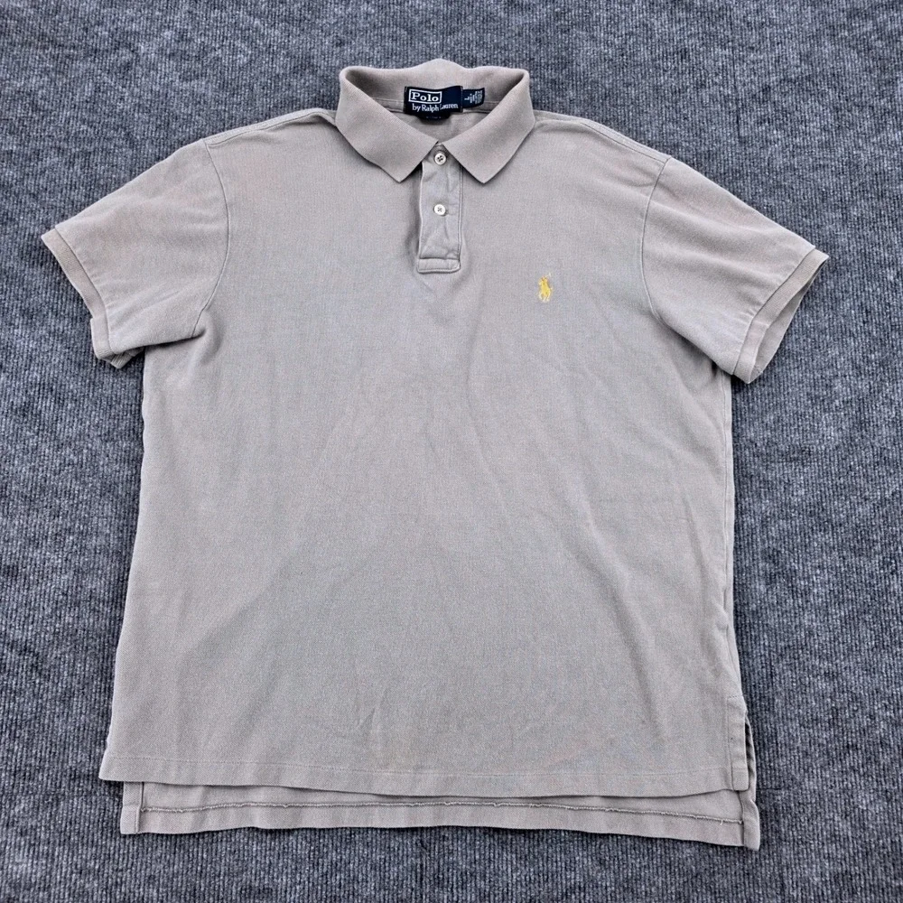 Polo Ralph Lauren Men L Gray Custom Fit Short Sleeve Pique Polo Yellow Pony